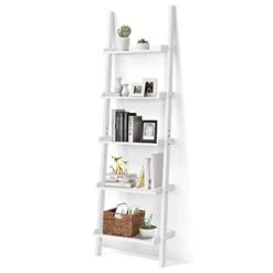 Tangkula 5-Tier Ladder Shelf, Wall-Leaning Bookshelf W/Open Shelves, Plant Flower Stand, Storage Display Organizer Rack, Multifunctional Bookcase For Living Room Home Office (White)
