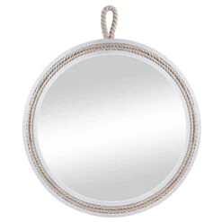 Decorative Round Hanging Wall Mirror 20'' Nautical Rope Mirrors White Wooden Frame Wall Mirror With Rope Loop -White Accent Theme Décor