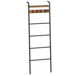 VASAGLE Blanket Ladder Shelf, Blanket Holder Rack For Living Room, Decorative Ladder With Removable Hooks, Top Storage Shelf, Metal Frame, Rustic Brown And Black ULLS017B01