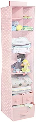 MDesign Fabric Hanging Organizer - Over Closet Rod Storage With 7 Shelves And 3 Removable Drawers For Baby Nursery Bedroom Organization - Hold Clothes, Linens, Toys, Accessories - Pink/White Polka Dot 4 MDesign Fabric Hanging Organizer - Over Closet Rod Storage With 7 Shelves And 3 Removable Drawers For Baby Nursery Bedroom Organization - Hold Clothes, Linens, Toys, Accessories - Pink/White Polka Dot - Image 4