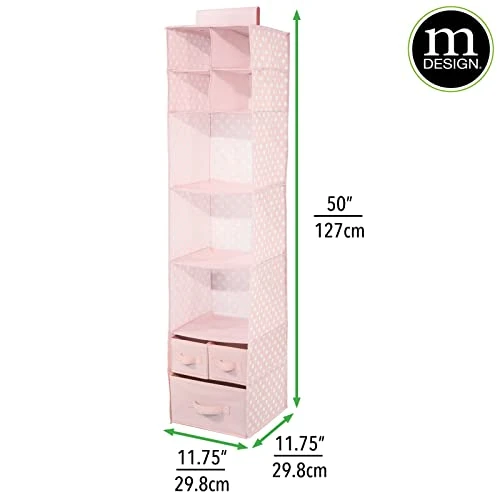 MDesign Fabric Hanging Organizer - Over Closet Rod Storage With 7 Shelves And 3 Removable Drawers For Baby Nursery Bedroom Organization - Hold Clothes, Linens, Toys, Accessories - Pink/White Polka Dot 2 MDesign Fabric Hanging Organizer - Over Closet Rod Storage With 7 Shelves And 3 Removable Drawers For Baby Nursery Bedroom Organization - Hold Clothes, Linens, Toys, Accessories - Pink/White Polka Dot - Image 2