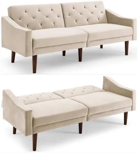 FREEHOMAE Futon Sofa Bed, Faux Leather Couch With Armrest And 2 Cup Holders, Sofa Bed Couch Convertible With Metal Legs, Folding, Reclining Small Couch Bed, Futon Bed For Living Room 3 FREEHOMAE Futon Sofa Bed, Faux Leather Couch With Armrest And 2 Cup Holders, Sofa Bed Couch Convertible With Metal Legs, Folding, Reclining Small Couch Bed, Futon Bed For Living Room - Image 3