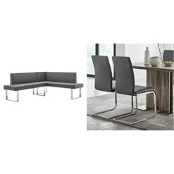 Armen Living Amanda Sectional In Grey Faux Leather And Chrome Finish & Amanda Dining Grey Faux Leather With Chrome Finish Kitchen & Dining Chair - Set Of 2, Height