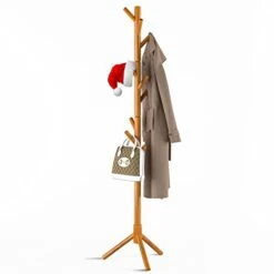 NicQliear Wooden Freestanding Coat Rack With 9 Hooks, Adjustable Coat Rack Stand 69.3" To Hang Clothes/Bags/Hats, Standing Coat Tree Perfect For Bedroom/Entryway/Hallway, Easy Assembly, Brown