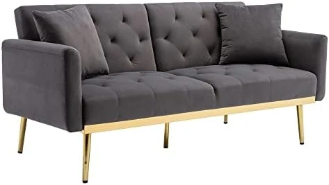 Morden Fort Velvet Futon Sofa Bed For Living Room, 68" Convertible 3 Adjustable Couch Loveseat With Metal Leg Grey 7 Morden Fort Velvet Futon Sofa Bed For Living Room, 68" Convertible 3 Adjustable Couch Loveseat With Metal Leg Grey - Image 7