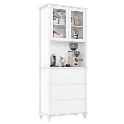 FACBOTALL 76'' Buffet Pantry Cabinets With Hutch, Kitchen Pantry Storage Cabinet, Tall Hutch Cabinet Kitchen Cupboard With Doors, Coffee Countertop And 3 Large Drawers For Dining Living Room, White