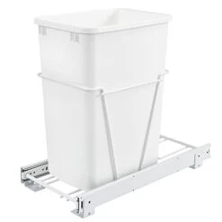 Rev-A-Shelf RV-12PB Single 35 Quart Pull-Out Kitchen Cabinet Waste Bin Container Garbage Trash Can With Slides And Simple Installation, White