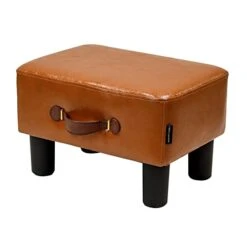 H&B Luxuries Footstool Small Ottoman, PU Leather Small Ottoman Foot Rest，16.14" Extended Rectangular Footstool With Carry，Ottoman For Living Room, Bedroom, Couch,Patio，Cloakroom (Light Brown)