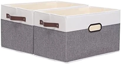 Yawinhe Collapsible Storage Bins, 15.0 X 9.8 X 8.3 Inch, Cube Storage Bins, Fabric Foldable Storage Bins Organizer Containers With Dual Leather Handles For Home Closet Office (White/Grey, 2-Pack) 8 Yawinhe Collapsible Storage Bins, 15.0 X 9.8 X 8.3 Inch, Cube Storage Bins, Fabric Foldable Storage Bins Organizer Containers With Dual Leather Handles For Home Closet Office (White/Grey, 2-Pack) - Image 8