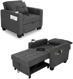 DURASPACE Futon Sofa Bed, 3 In 1 Convertible Sofa Chair Bed, Adjustable Backrest Chair, Chaise Lounge With USB Ports, Cup Holder, Side Pocket, Storage Box For Living Room (Dark Gray Linen) -Songmics Furniture Shop 31QQmQ6tSEL. AC