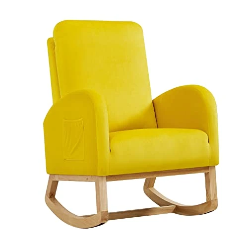 Setawix Rocking Chair For Nursery, Midcentury Modern Accent Rocker Armchair With Side Pocket, Upholstered High Back Wooden Rocking Chair For Living Room Baby Room Bedroom (Yellow - Velvet) 4 Setawix Rocking Chair For Nursery, Midcentury Modern Accent Rocker Armchair With Side Pocket, Upholstered High Back Wooden Rocking Chair For Living Room Baby Room Bedroom (Yellow - Velvet) - Image 4