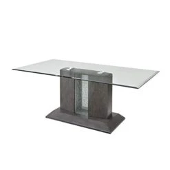 BOWERY HILL Transitional Dining Table With Glass Top In Gray Oak