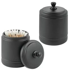 MDesign Metal Bathroom Vanity Storage Organizer Canister Jar With Lid For Cotton Balls, Swabs, Makeup Sponges, Bath Salts, Hair Ties, Jewelry - Hyde Collection - 2 Pack - Matte Black