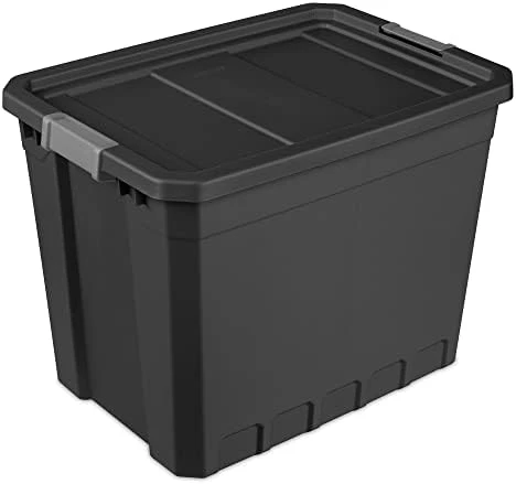 Sterilite 7.5 Gallon Stackable Rugged Industrial Storage Tote Containers With Gray Latching Clip Lids For Garage, Attic, Or Worksite, Black (6 Pack) 9 Sterilite 7.5 Gallon Stackable Rugged Industrial Storage Tote Containers With Gray Latching Clip Lids For Garage, Attic, Or Worksite, Black (6 Pack) - Image 9