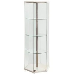 BOWERY HILL Hexagonal Round Corner 4 Shelf Glass Curio Cabinet Display Case In White And Chrome