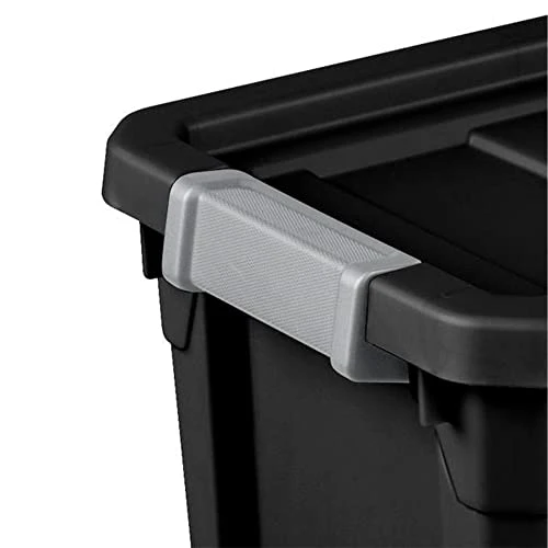Sterilite 7.5 Gallon Stackable Rugged Industrial Storage Tote Containers With Gray Latching Clip Lids For Garage, Attic, Or Worksite, Black (6 Pack) 2 Sterilite 7.5 Gallon Stackable Rugged Industrial Storage Tote Containers With Gray Latching Clip Lids For Garage, Attic, Or Worksite, Black (6 Pack) - Image 2