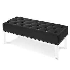 New Classic Furniture Vivian Velvet Bench With Crystal Buttons, Black
