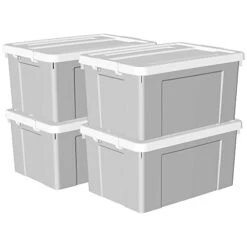 Cetomo 65L*4 Plastic Storage Box, Tote Box,Organizing Container With Durable Lid And Secure Latching Buckles, Stackable And Nestable, 4Pack, Gray With Buckle