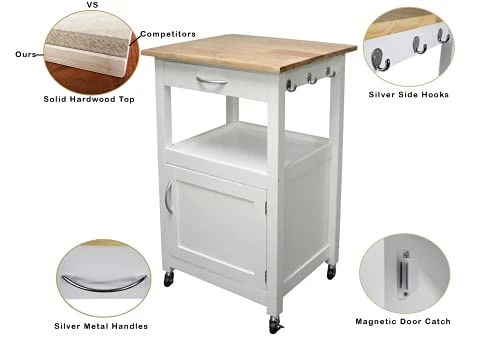 EHemco Kitchen Island Cart On Wheels With Drawer, Storage Cabinet, Shelf And Natural Solid Hardwood Top, White Base 4 EHemco Kitchen Island Cart On Wheels With Drawer, Storage Cabinet, Shelf And Natural Solid Hardwood Top, White Base - Image 4