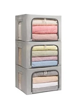 3Pack Frame Storage Box - Clothes Storage Bin Bags Oxford Fabric Foldable Stackable Container Organizer Set With Clear Window & Carry Handles Large Capacity (Grey, Large-66L)