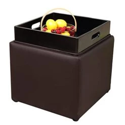 PRIVATE GARDEN Square Storage Ottoman With Tray, Faux Leather Upholstered Footrest Stool, Seat As Side Table Coffee Table For The Living Room, Bedroom, Contemporary (Black Brown/Dark Brown)