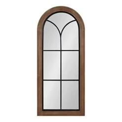 Kate And Laurel Joffrey Farmhouse Arched Mirror, 13 X 30, Walnut Brown, Windowpane Mirror Wall Decor
