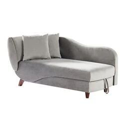 NOSGA Functional Indoor Chaise Lounge With Storage/2 Pillows And Solid Wood Legs, Modern Velvet Upholstered Sofa Recliner For Living Room Bedroom (Light Grey)
