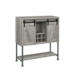 Simple Relax Wood Bar Cabinet With Two Doors, Grey And Gunmetal