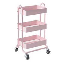 MIOCASA 3-Tier Metal Utility Rolling Cart, Heavy Duty Multifunction Cart With Lockable Casters, Easy To Assemble, Suitable For Office, Bathroom, Kitchen, Garden (Pink) -Songmics Furniture Shop 31dGriPLIFL