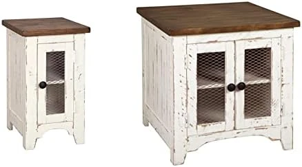 Signature Design By Ashley Wystfield Farmhouse Chair Side End Table With Cabinet Door For Storage, White & Brown With Distressed Finish 7 Signature Design By Ashley Wystfield Farmhouse Chair Side End Table With Cabinet Door For Storage, White & Brown With Distressed Finish - Image 7