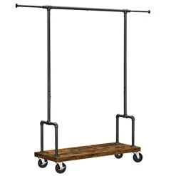 VASAGLE Rolling Clothes Rack, Garment Rack For Hanging Clothes With Wheels, Hanging Rail And Shelf, Heavy-Duty, Industrial Pipe Design, Rustic Brown And Black URGR110B01