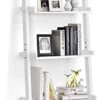 OFFICEJOY Ladder Shelf, 5-Tier Wall-Leaning Bookshelf, Rustic Wood Ladder, Storage Rack Shelves, Multipurpose Organizer Rack For Living Room, Bathroom, Office (White)