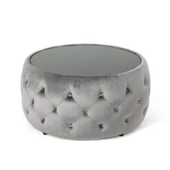 Christopher Knight Home Ivy Glam Velvet And Tempered Glass Coffee Table Ottoman, Smoke, Black