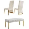 AUZ 3 Pieces Dining Room Bench Sets, White PU Leather Ottoman With 2 Channel Back Dining Chairs In White Gold