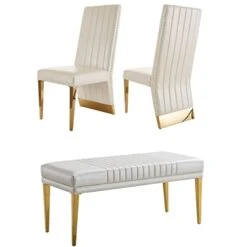 AUZ 3 Pieces Dining Room Bench Sets, White PU Leather Ottoman With 2 Channel Back Dining Chairs In White Gold