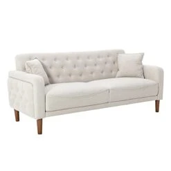 Aoowow Linen Fabric Sofas And Couches 78 Inches Long, Mid Century Modern Couch Tufted Back Sofa With 2 Throw Pillows, Armrest And Wooden Legs For Living Room, Apartment, Bedroom (Beige)