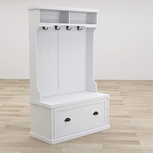 Entryway Hall Tree With Coat Rack 4 Hooks And Storage Bench Shoe White Wood 4 Entryway Hall Tree With Coat Rack 4 Hooks And Storage Bench Shoe White Wood - Image 4