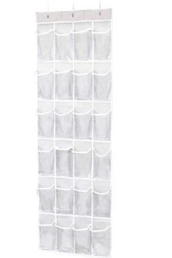ManGotree Over The Door Shoe Organizer, Clear Hanging Shoe Rack Holder With 24 Pockets, Foldable Shoe Storage For Slippers, Sandals, High Heels, Sneakers Or Accessories (White)