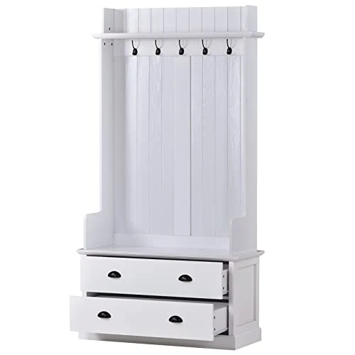 TAVENS Hall Tree With Storage Bench, 3-in-1 Entryway Bench With Coat Rack, Standing Coat Rack With 5 Metal Hooks And 2 Large Drawers For Hallway, Living Room, Mudroom 38.5”W X 15.7”D X 75”H,White 1 TAVENS Hall Tree With Storage Bench, 3-in-1 Entryway Bench With Coat Rack, Standing Coat Rack With 5 Metal Hooks And 2 Large Drawers For Hallway, Living Room, Mudroom 38.5”W X 15.7”D X 75”H,White
