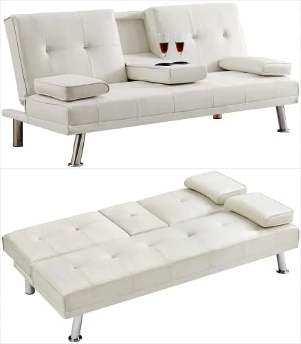 FREEHOMAE Futon Sofa Bed, Faux Leather Couch With Armrest And 2 Cup Holders, Sofa Bed Couch Convertible With Metal Legs, Folding, Reclining Small Couch Bed, Futon Bed For Living Room 7 FREEHOMAE Futon Sofa Bed, Faux Leather Couch With Armrest And 2 Cup Holders, Sofa Bed Couch Convertible With Metal Legs, Folding, Reclining Small Couch Bed, Futon Bed For Living Room - Image 7