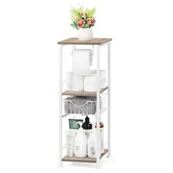Bathroom Storage Cabinet Freestanding Bathroom Shelf With Drawer Toilet Paper Holder Stand 3 Tier Bathroom Towel Storage Organizer For Bathroom Laundry Room Entryway Kitchen Pantry, Light Oak