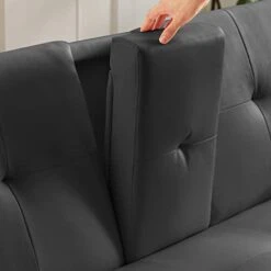 FREEHOMAE Futon Sofa Bed, Faux Leather Couch With Armrest And 2 Cup Holders, Sofa Bed Couch Convertible With Metal Legs, Folding, Reclining Small Couch Bed, Futon Bed For Living Room