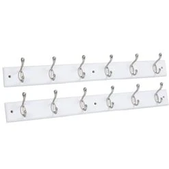 BIRDROCK HOME Hook Coat And Hat Rack - 2 Pack - 6 Hooks - 27 Inches - Wall Mount - Decorative Home Storage - Entryway Foyer Hallway Bathroom Bedroom Rail - Satin Nickel Hooks - White Pine Bathroom