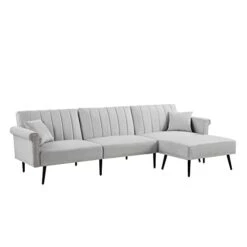 GENERIC L-Shape Sectional Sofa With Ottoman Elegant Line Design Folding Futon Bed Nailhead Trim Grey Cabin Lodge Mid-Century Modern Solid Velvet Handmade