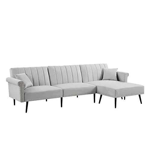 GENERIC L-Shape Sectional Sofa With Ottoman Elegant Line Design Folding Futon Bed Nailhead Trim Grey Cabin Lodge Mid-Century Modern Solid Velvet Handmade 1 GENERIC L-Shape Sectional Sofa With Ottoman Elegant Line Design Folding Futon Bed Nailhead Trim Grey Cabin Lodge Mid-Century Modern Solid Velvet Handmade