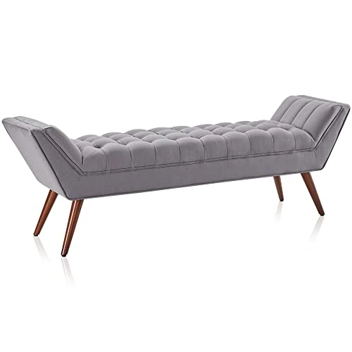 BELLEZE 63 Inch Mid Century Modern Ottoman, Contemporary Upholstered Linen Fabric Bench With Wood Legs, Accent Furniture For Living Room, Bedroom, Entryway - Moreno (Grey) 5 BELLEZE 63 Inch Mid Century Modern Ottoman, Contemporary Upholstered Linen Fabric Bench With Wood Legs, Accent Furniture For Living Room, Bedroom, Entryway - Moreno (Grey) - Image 5