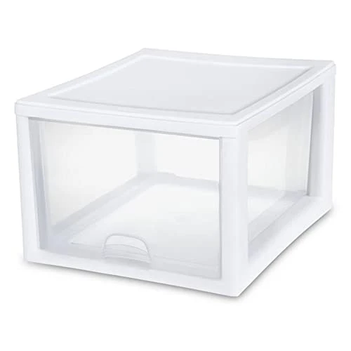 Sterilite 27 Quart White Frame Clear Plastic Stackable Storage Container Bin W/Single Drawer, 4 Pack 2 Sterilite 27 Quart White Frame Clear Plastic Stackable Storage Container Bin W/Single Drawer, 4 Pack - Image 2
