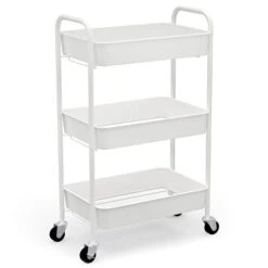 CAXXA 3-Tier Rolling Metal Storage Organizer - Mobile Utility Cart Kitchen Cart With Caster Wheels, White