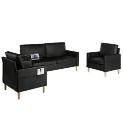 AILEEKISS Mid-Century Sectional Sofa Sets 3 Pieces Faux Leather Loveseat Couches With 2 USB Living Room Furniture Accent Arm Chairs For Small Space, Apartment, Office (1-Seater+1-Seater+3-Seater)