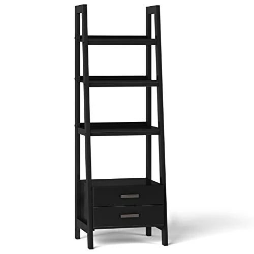 SIMPLIHOME Sawhorse SOLID WOOD 72 Inch X 24 Inch Modern Industrial Ladder Shelf With Storage In Black With 2 Drawers And 4 Shelves, For The Living Room, Study And Office 1 SIMPLIHOME Sawhorse SOLID WOOD 72 Inch X 24 Inch Modern Industrial Ladder Shelf With Storage In Black With 2 Drawers And 4 Shelves, For The Living Room, Study And Office